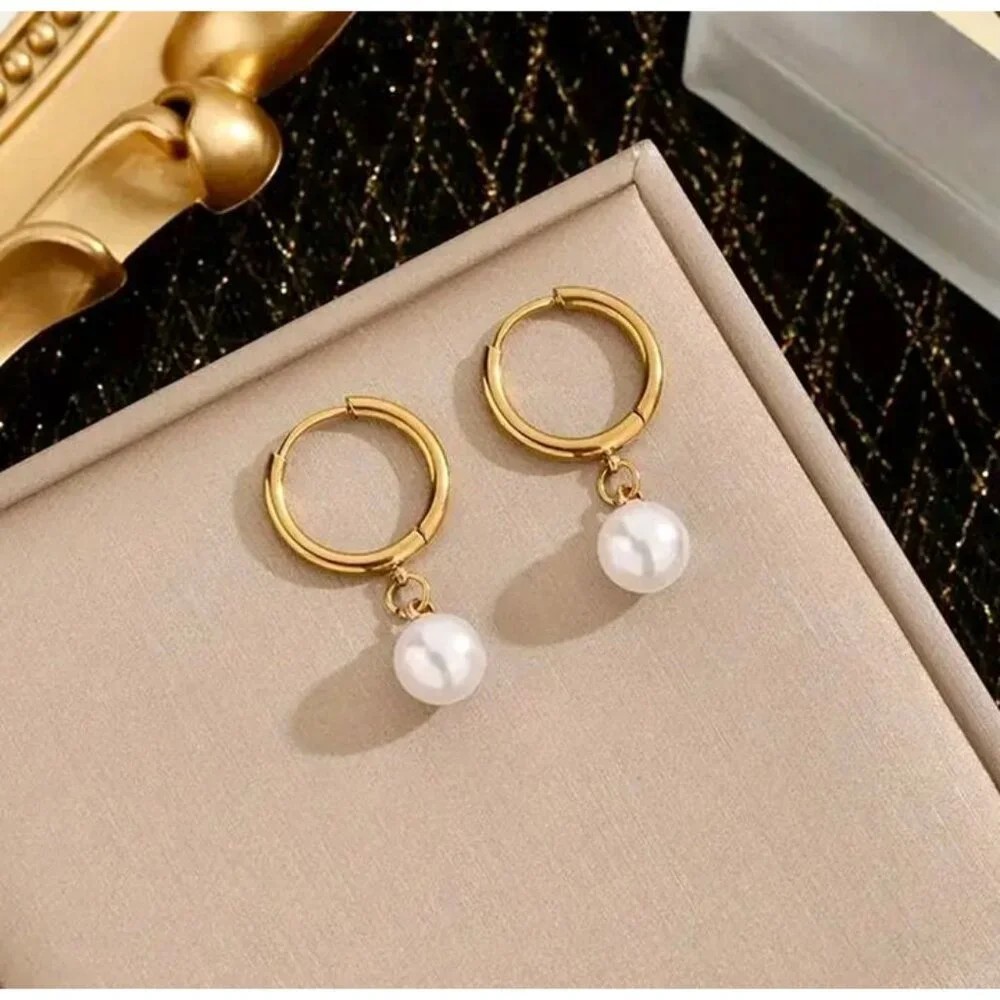 Chunky Hoop Pearl Drop Earrings - Picture 1 of 3